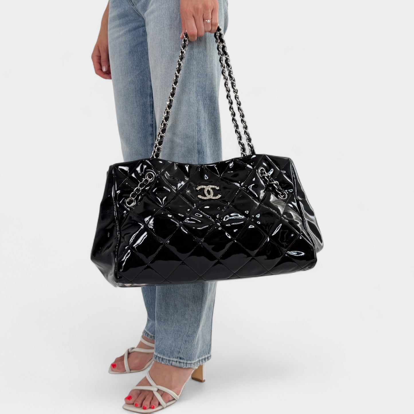 Chanel Black Quilted Patent Leather Brilliant Cells Tote Bag