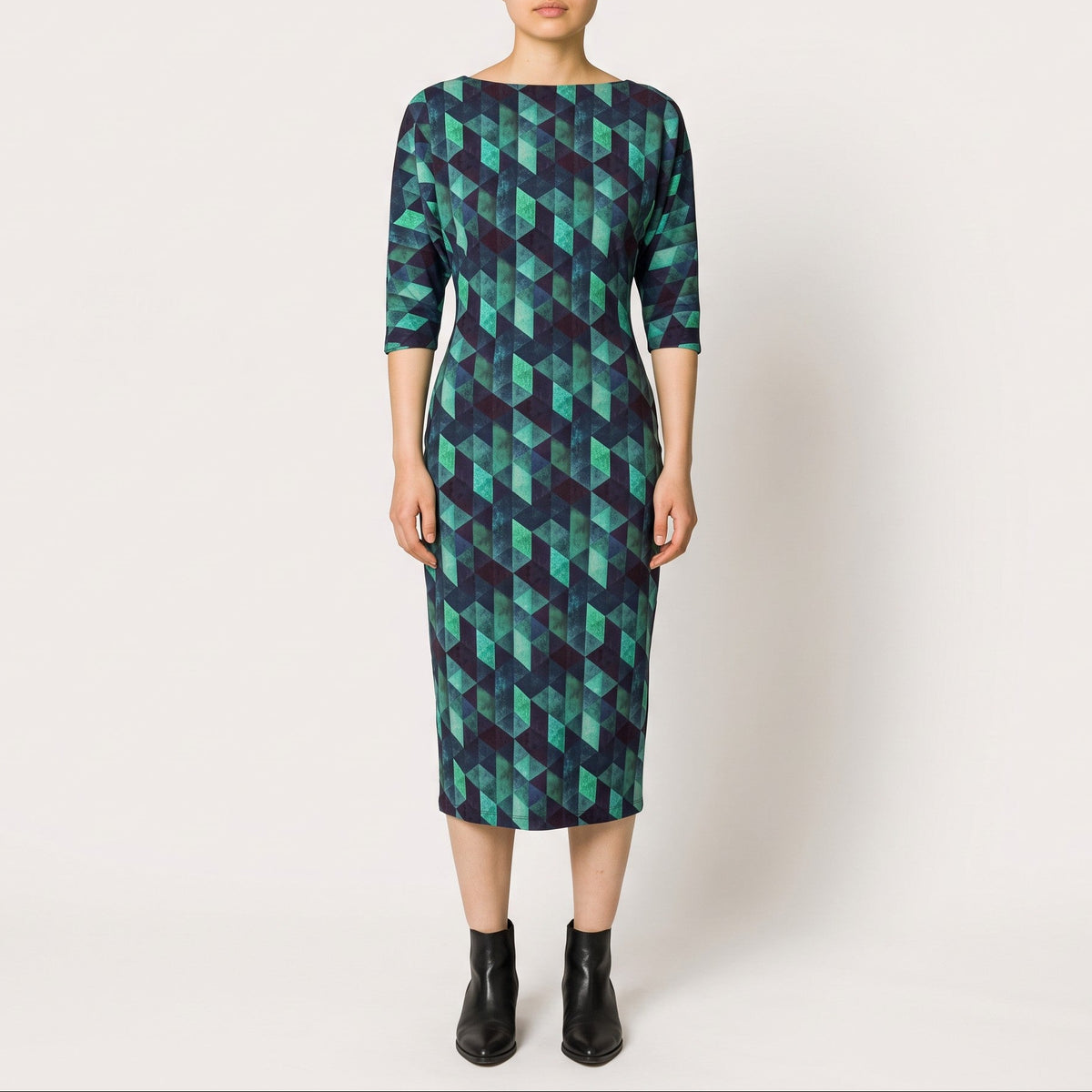 Chiara Boni La Petite Robe Navy Green Geometric Sheath Dress IT46 ~ AU12-14