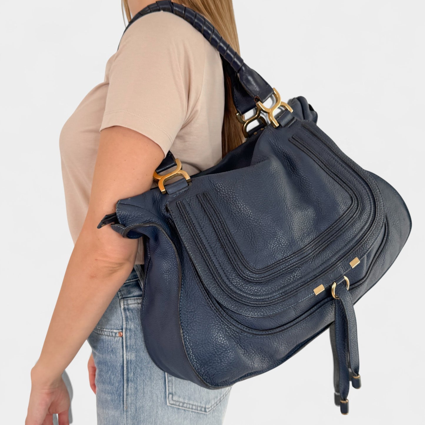 Chloe Navy Blue Leather Chloe Marcie Large Tote Bag