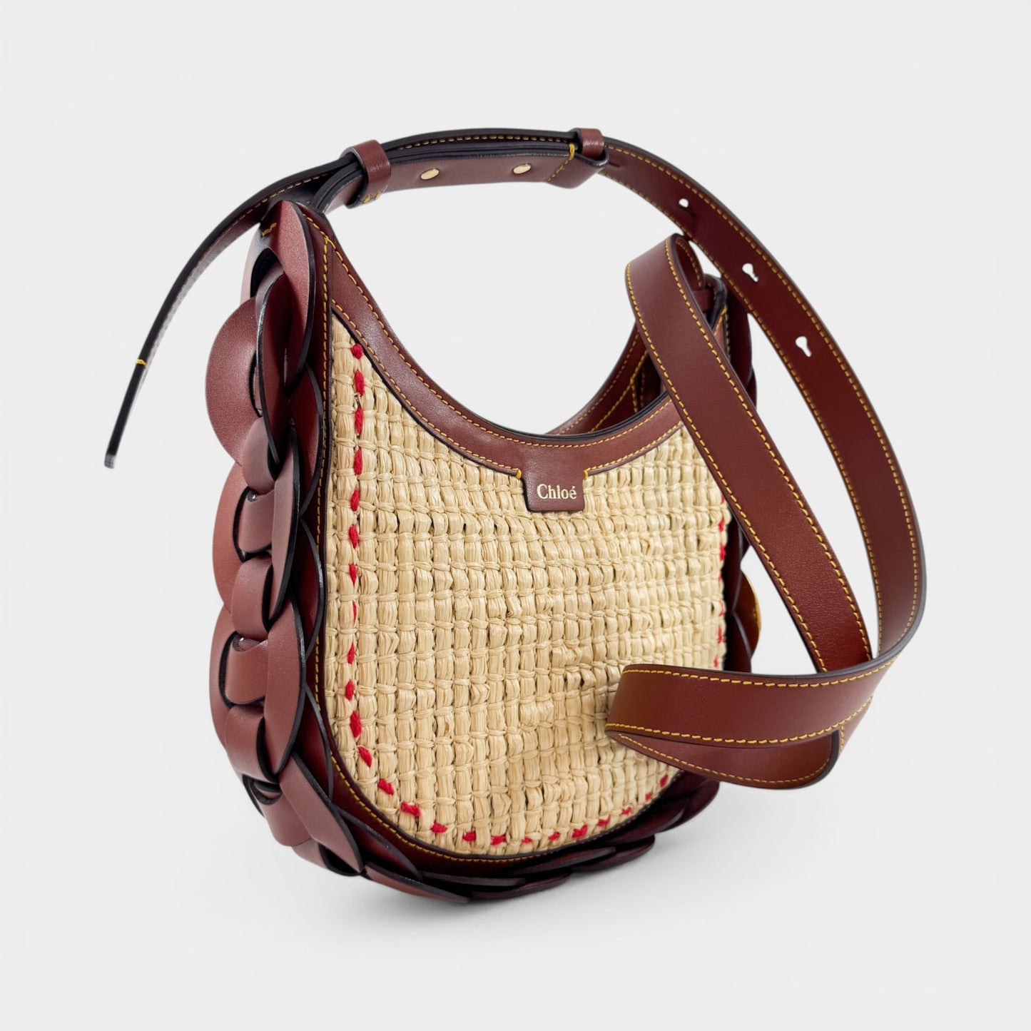 Chloé Sepia Brown Leather Raffia Darryl Small Shoulder Bag