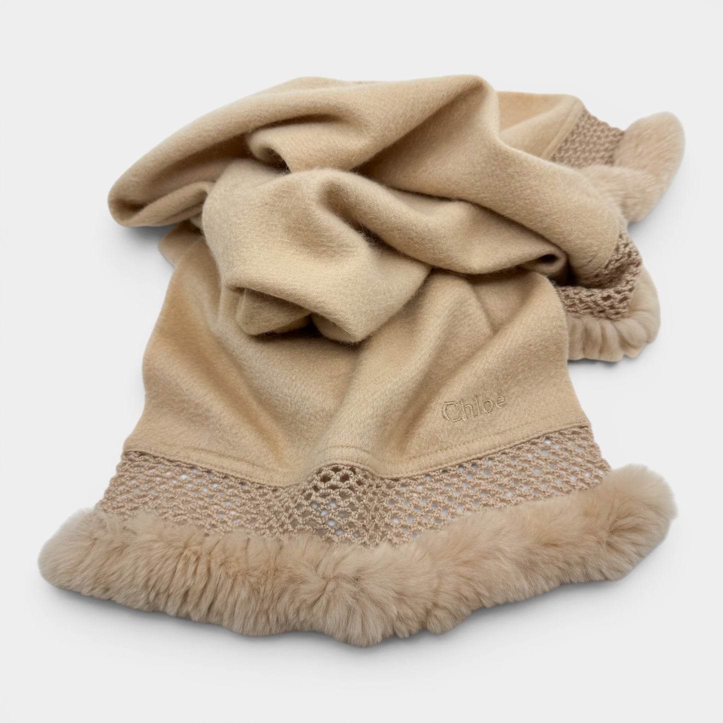 Chloé Blush Pink Cashmere Fur Trimmed Long Scarf