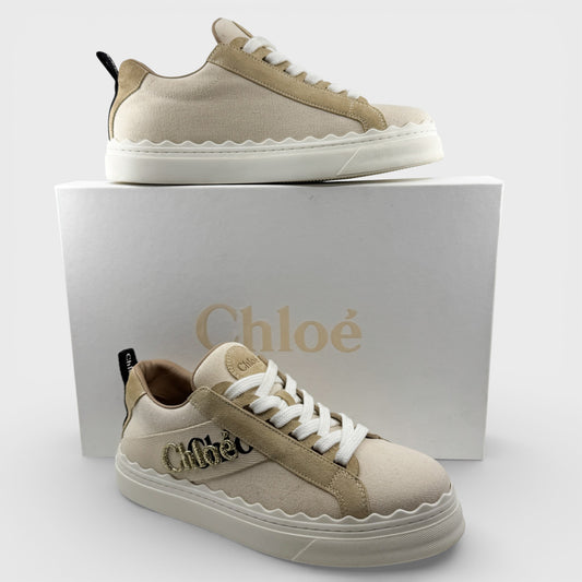 Chloe Cream Beige Canvas Suede Lauren Low-Top Sneakers EU39 ~ AU8