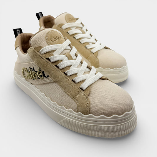 Chloe Cream Beige Canvas Suede Lauren Low-Top Sneakers EU39 ~ AU8