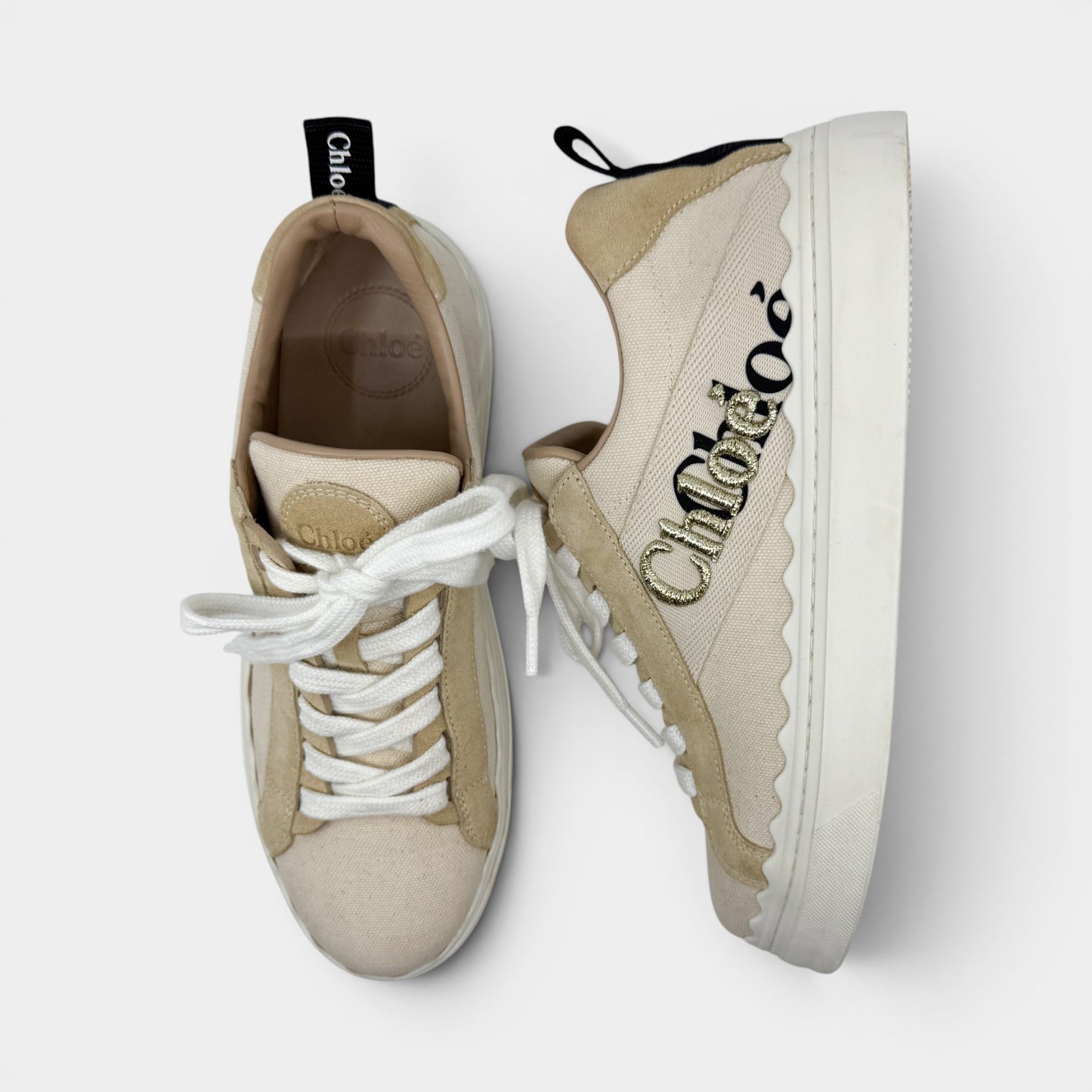 Chloe Cream Beige Canvas Lauren Platform Sneakers EU39 ~ AU8