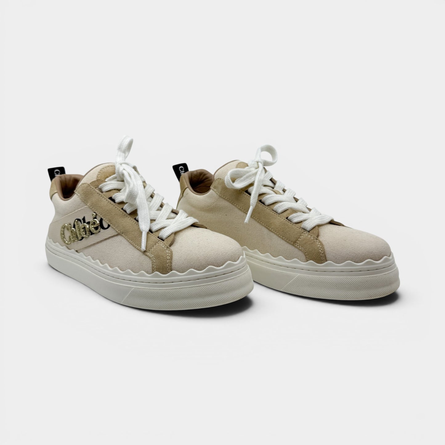 Chloe Cream Beige Canvas Lauren Platform Sneakers EU39 ~ AU8
