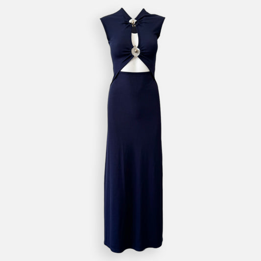 Christopher Esber Navy Blue & Silver Orbit Ruched Maxi Dress AU6 ~ Small