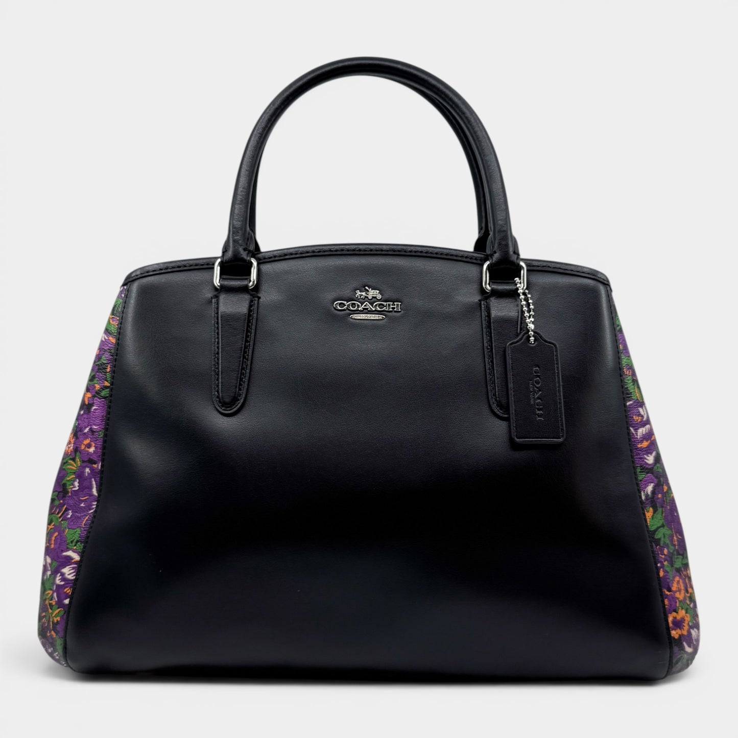 Coach Black Leather Rose Meadow Purple Floral Trim Margot Bag [F57630]