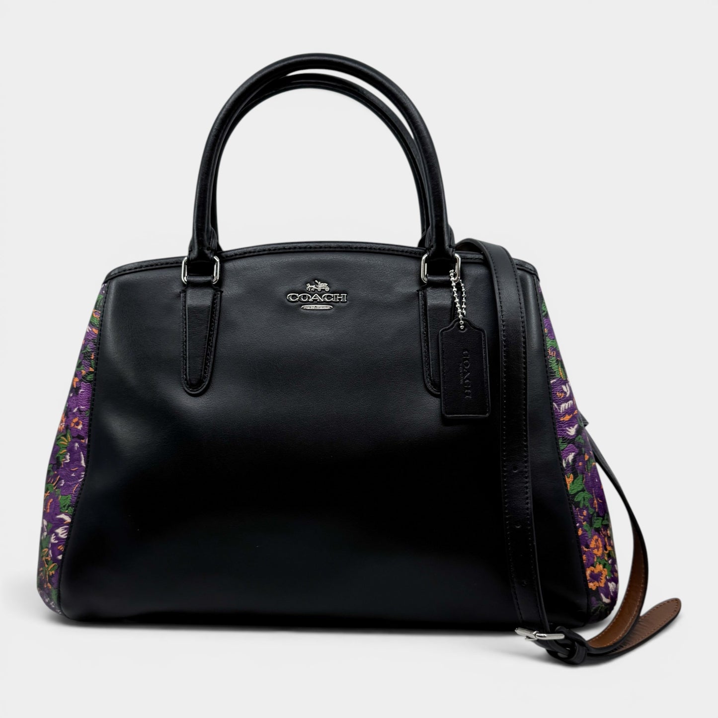 Coach Black Leather Rose Meadow Purple Floral Trim Margot Bag [F57630]