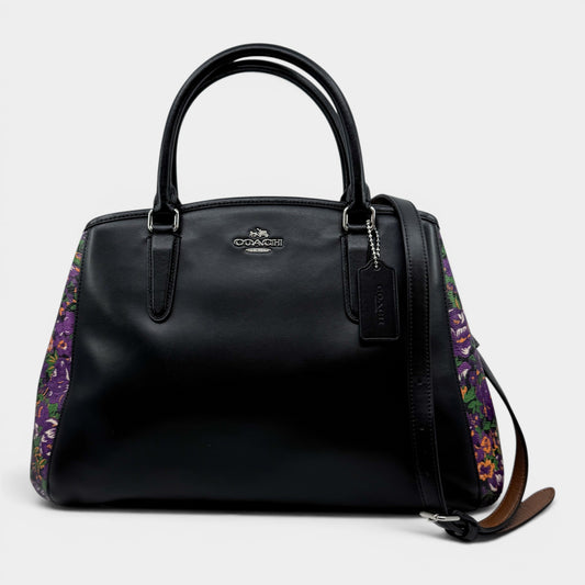 Coach Black Leather Rose Meadow Purple Floral Trim Margot Bag [F57630]