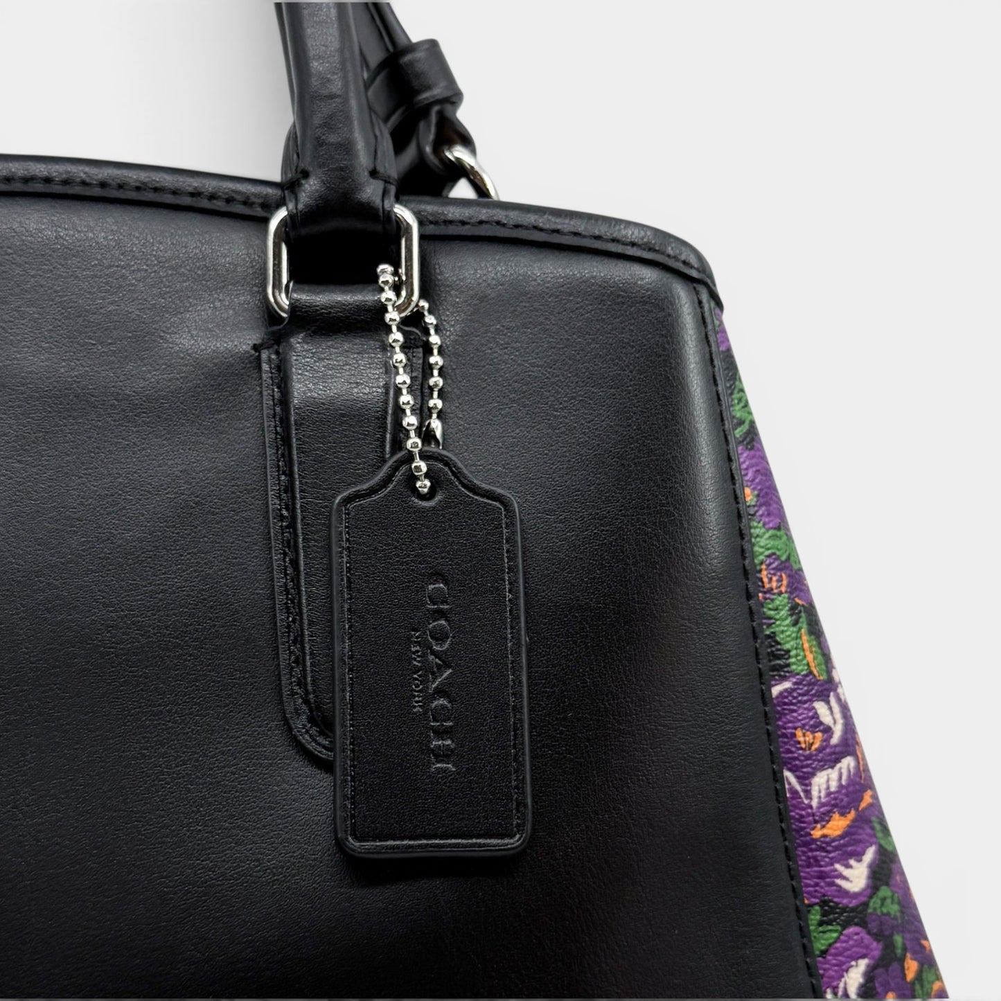 Coach Black Leather Rose Meadow Purple Floral Trim Margot Bag [F57630]