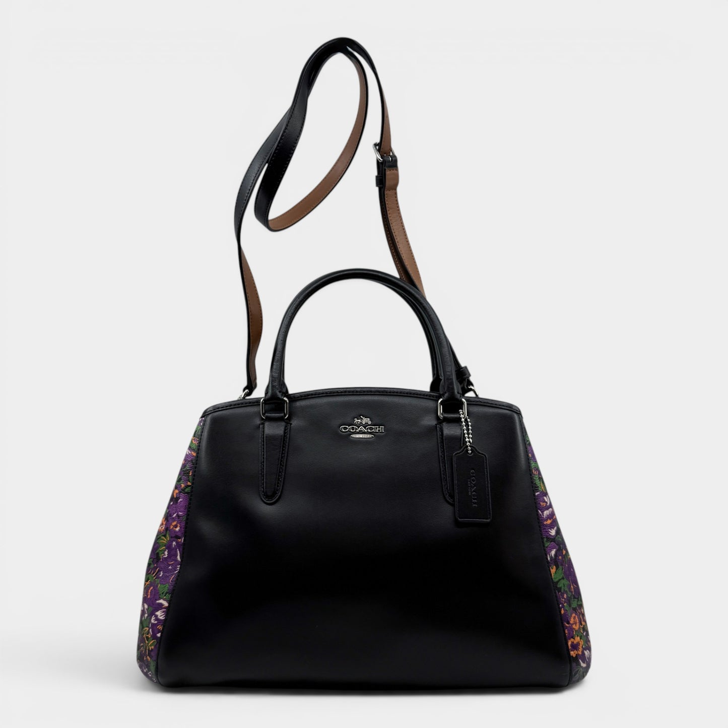 Coach Black Leather Rose Meadow Purple Floral Trim Margot Bag [F57630]