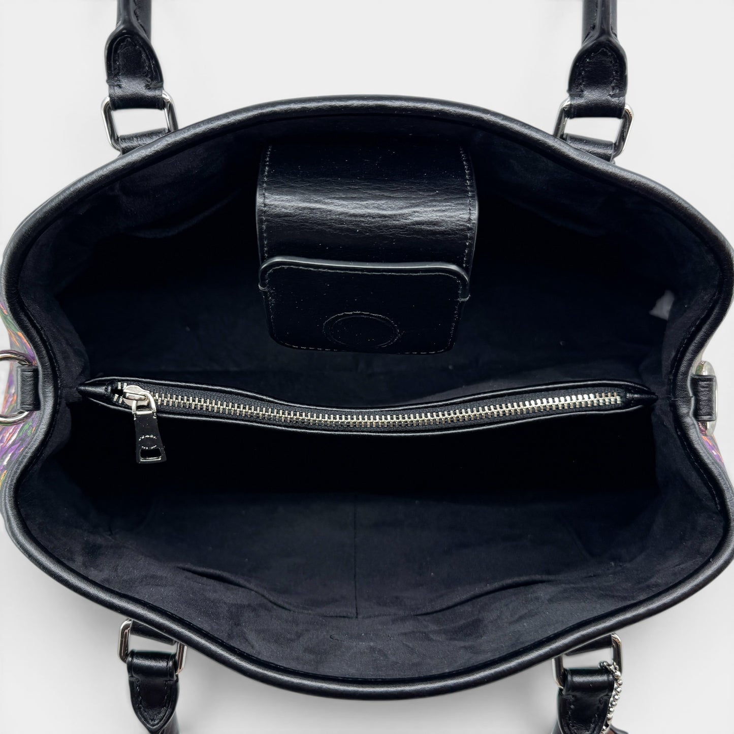 Coach Black Leather Rose Meadow Purple Floral Trim Margot Bag [F57630]