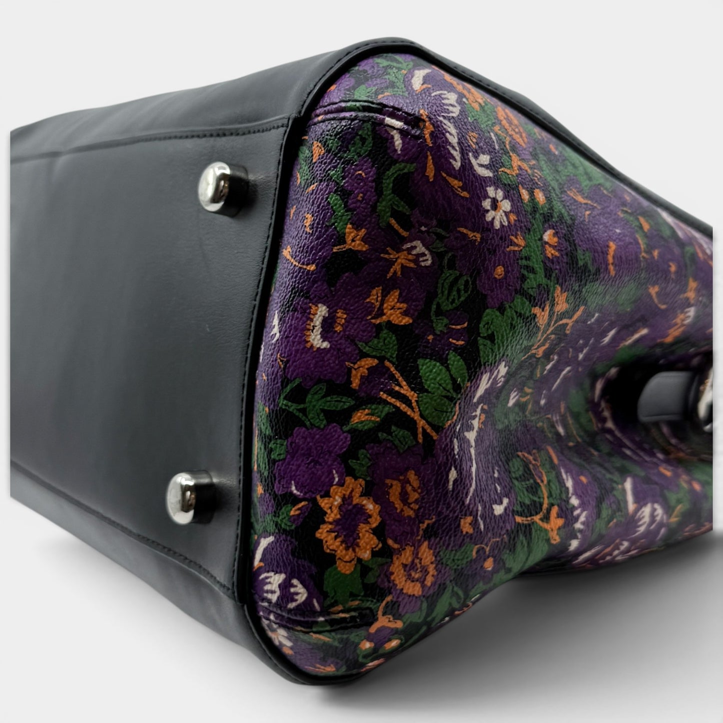 Coach Black Leather Rose Meadow Purple Floral Trim Margot Bag [F57630]