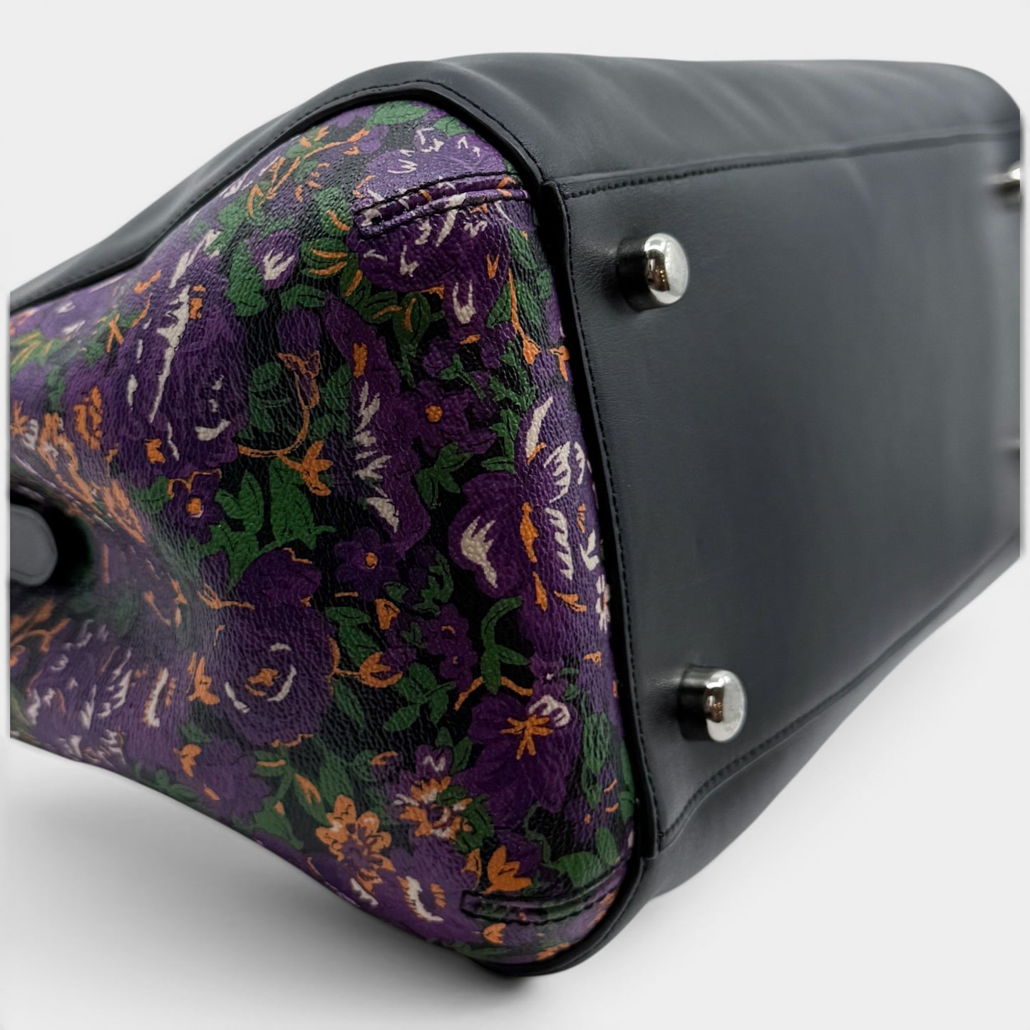 Coach Black Leather Rose Meadow Purple Floral Trim Margot Bag [F57630]