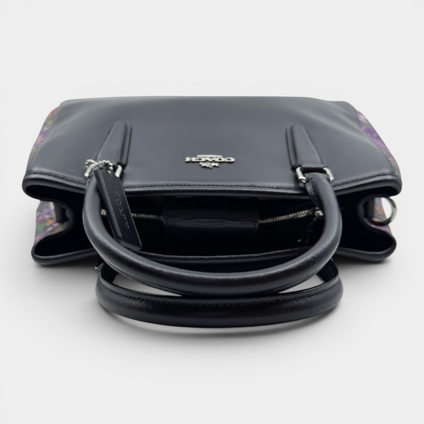 Coach Black Leather Rose Meadow Purple Floral Trim Margot Bag [F57630]