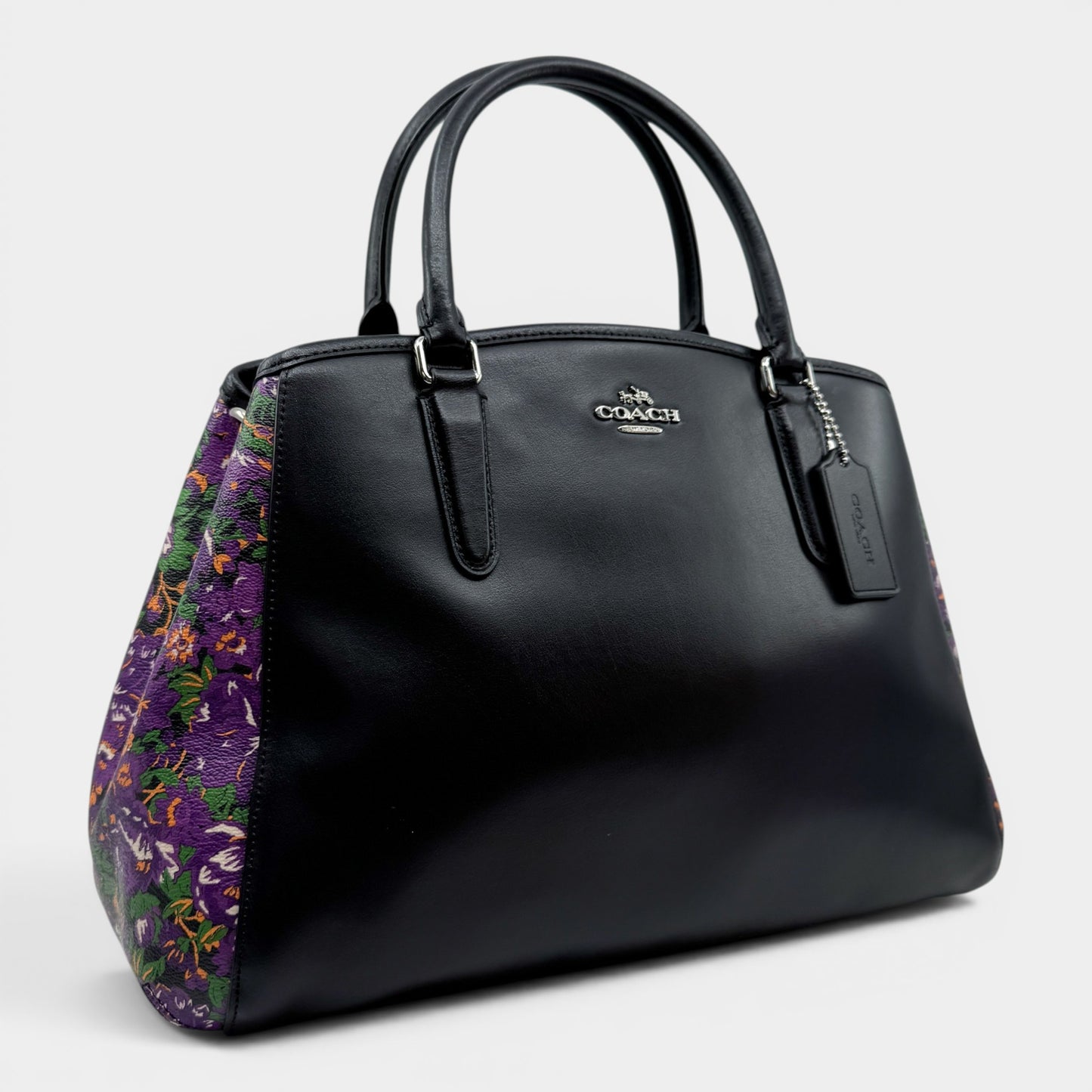 Coach Black Leather Rose Meadow Purple Floral Trim Margot Bag [F57630]