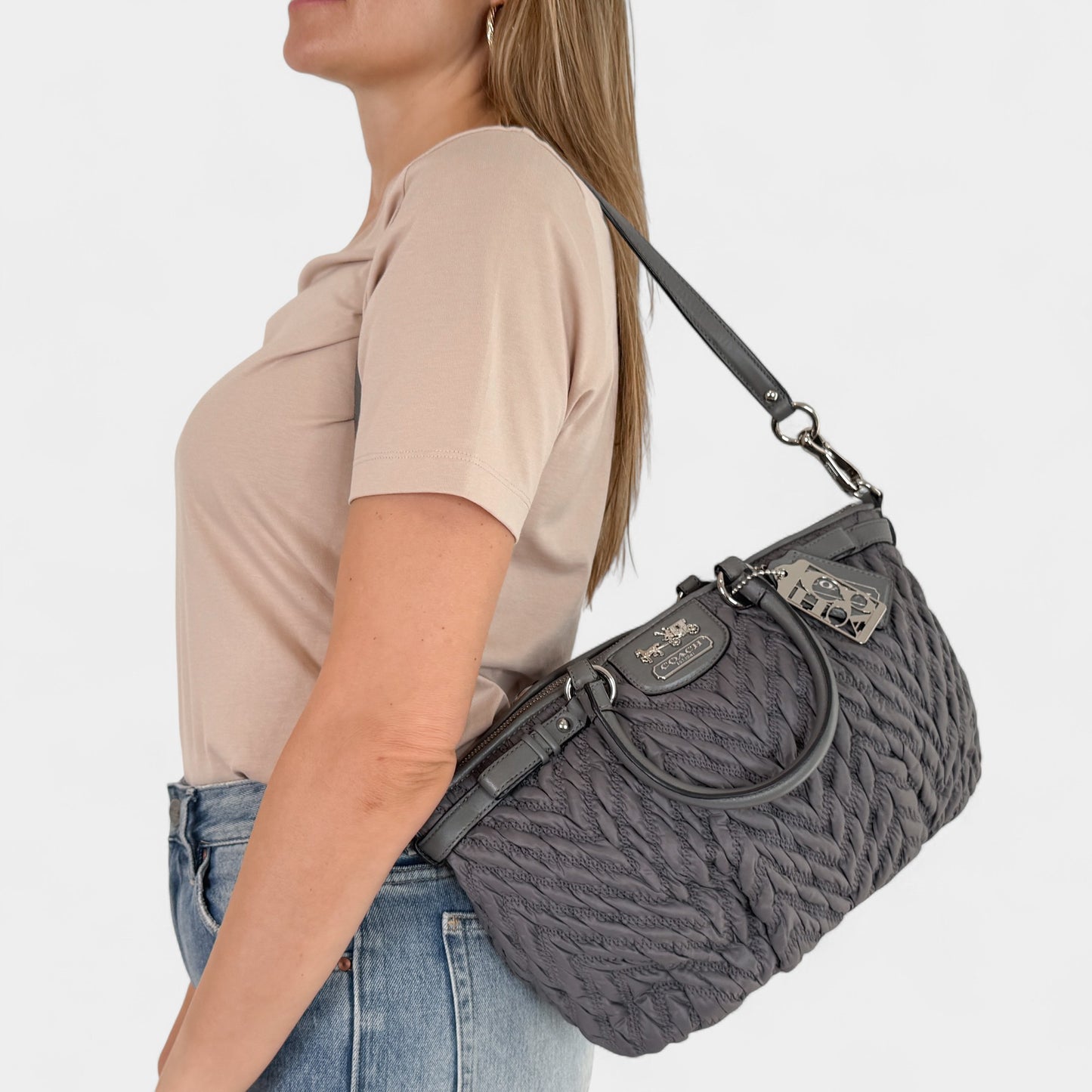 Coach Madison Grey Quilted Nylon & Leather Trip Tote Bag