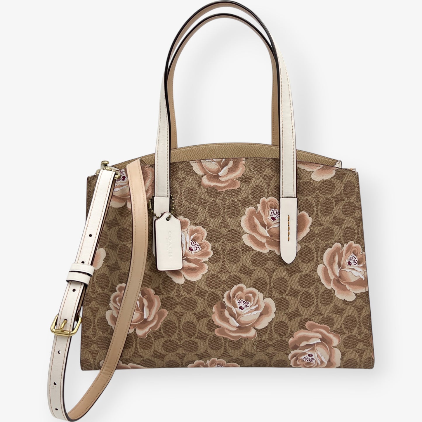 Coach Cream & Pink Rose Print Charlie Carry-All Tote Bag [31667]