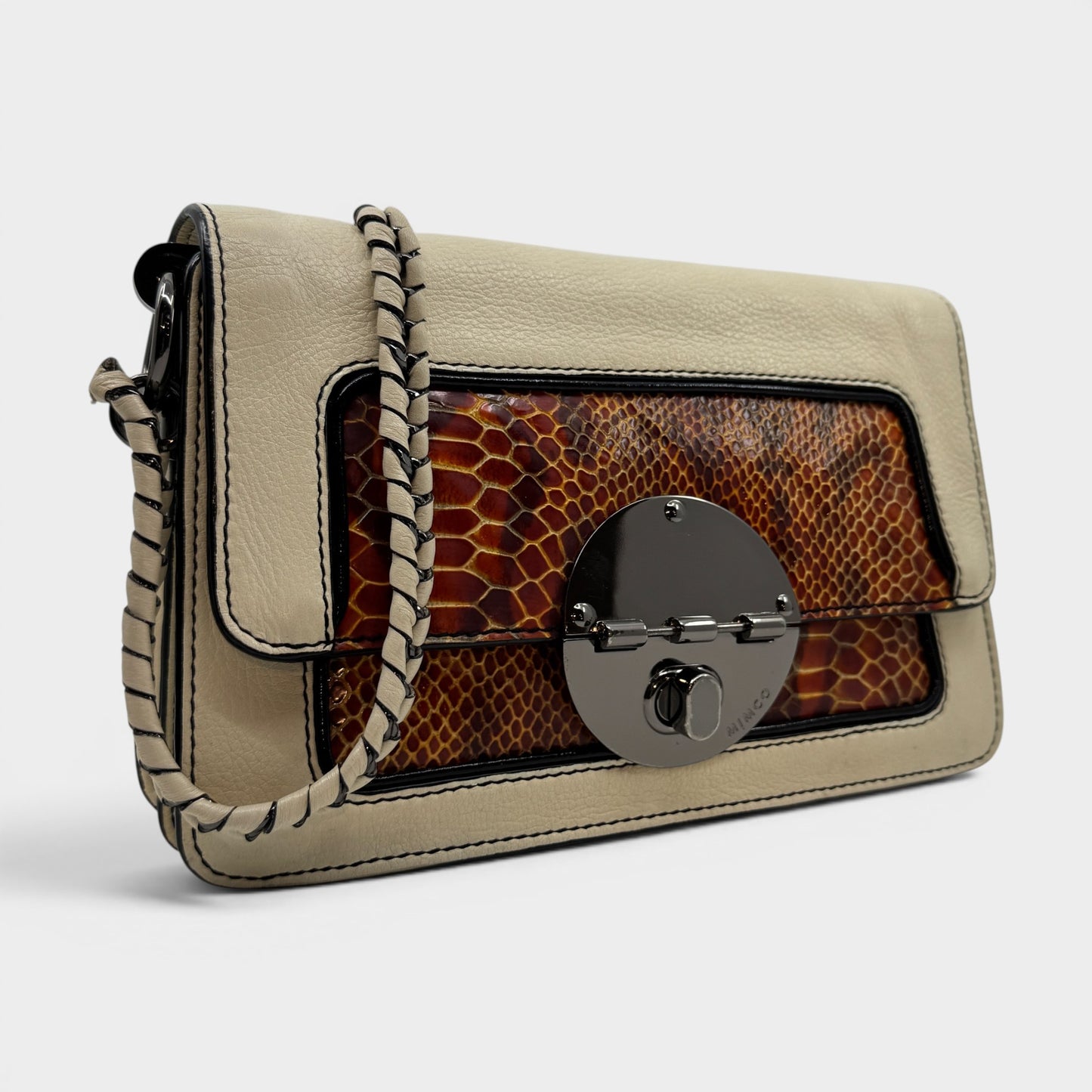 Mimco Ivory Cream & Snake Leather Turnlock Shoulder Bag [Vintage]