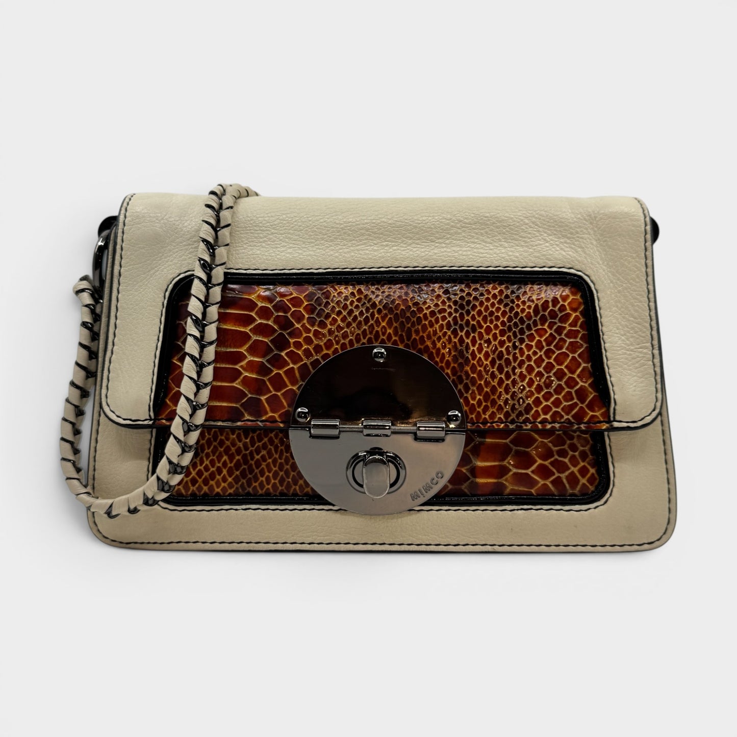 Mimco Ivory Cream & Snake Leather Turnlock Shoulder Bag [Vintage]