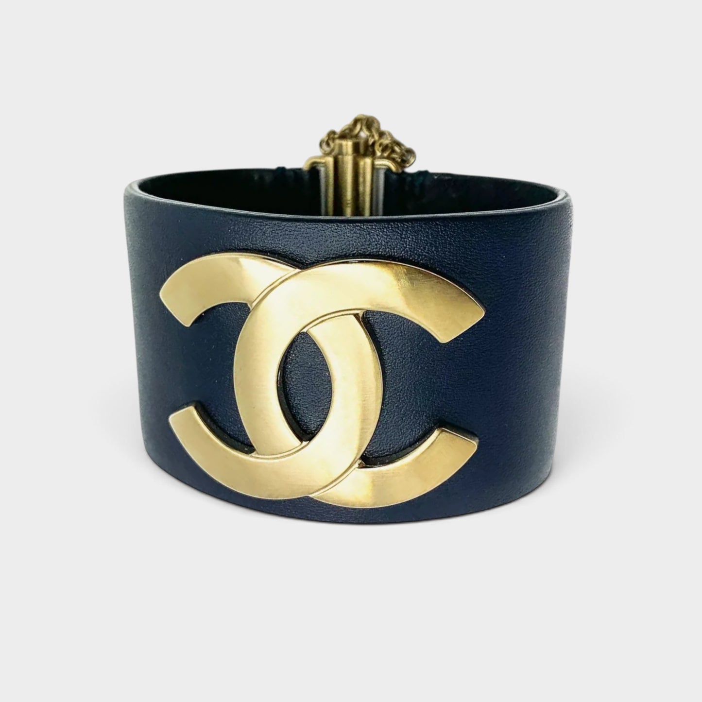 Chanel Navy Blue Leather Gold Tone CC Cuff Bracelet Medium (Exclusive Edition 2017)