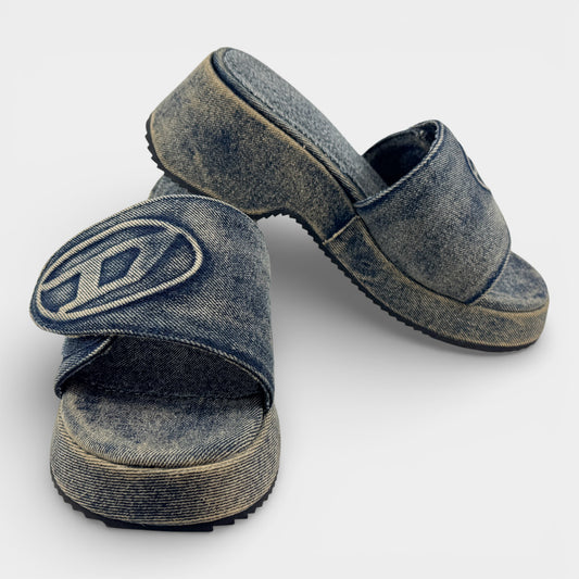 Diesel Blue Denim SA-OVAL Heeled Slide Sandals EU40 ~ AU9 [NEW]