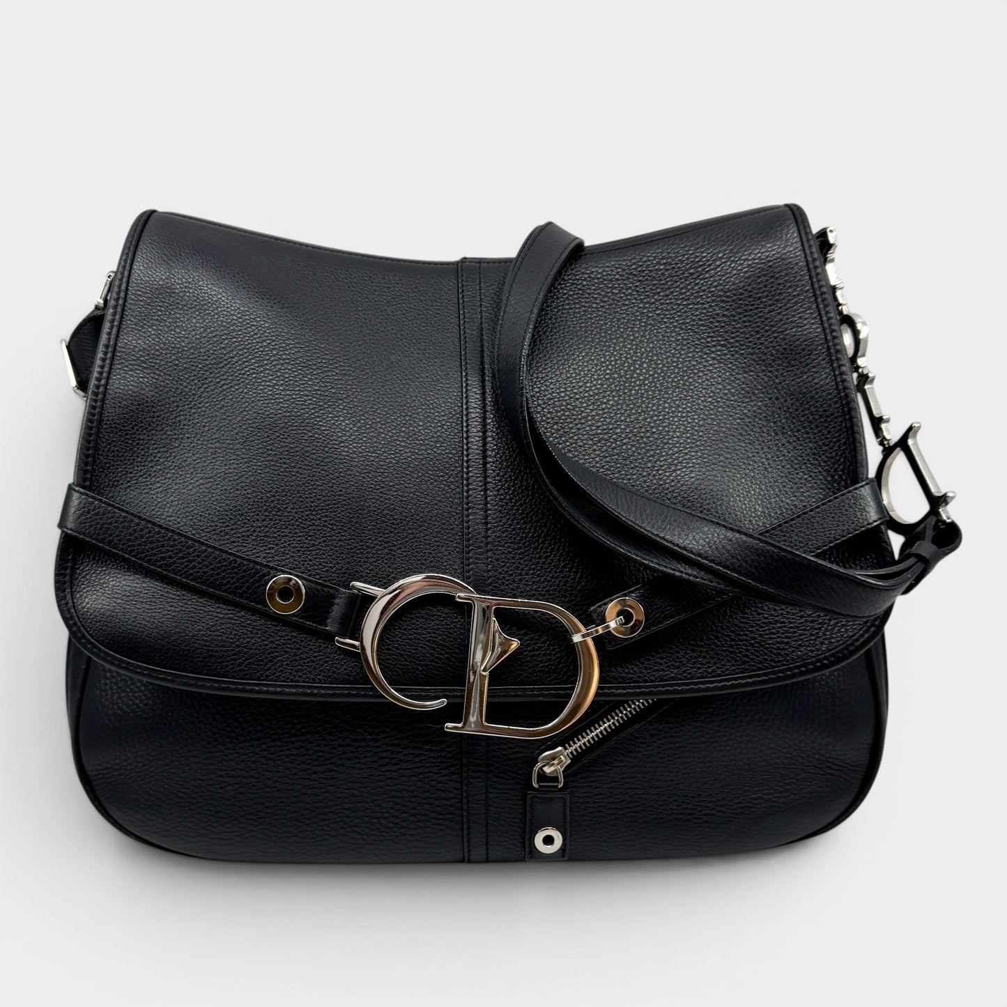 Christian Dior CD Black Leather Messenger Crossbody Bag