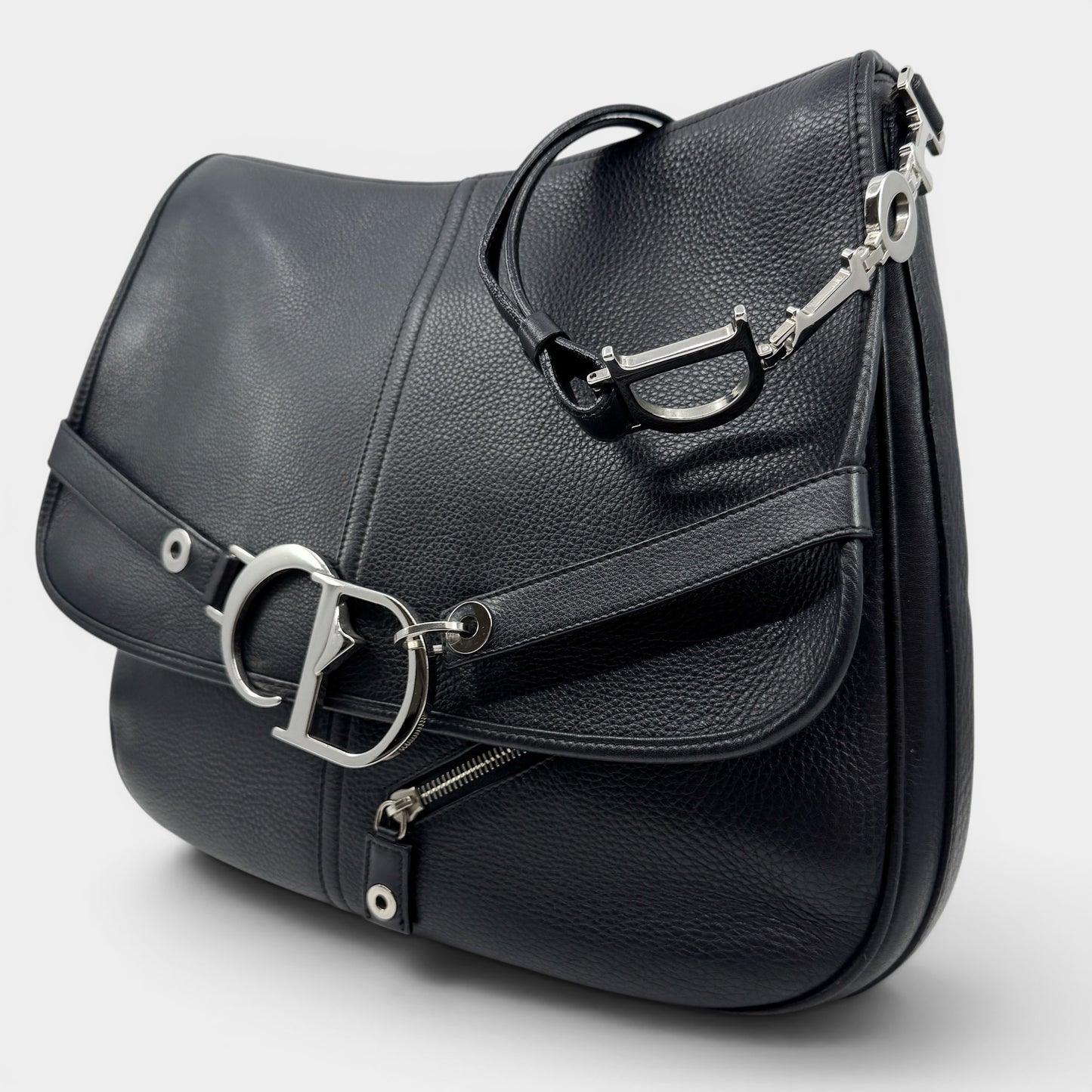 Christian Dior CD Black Leather Messenger Crossbody Bag