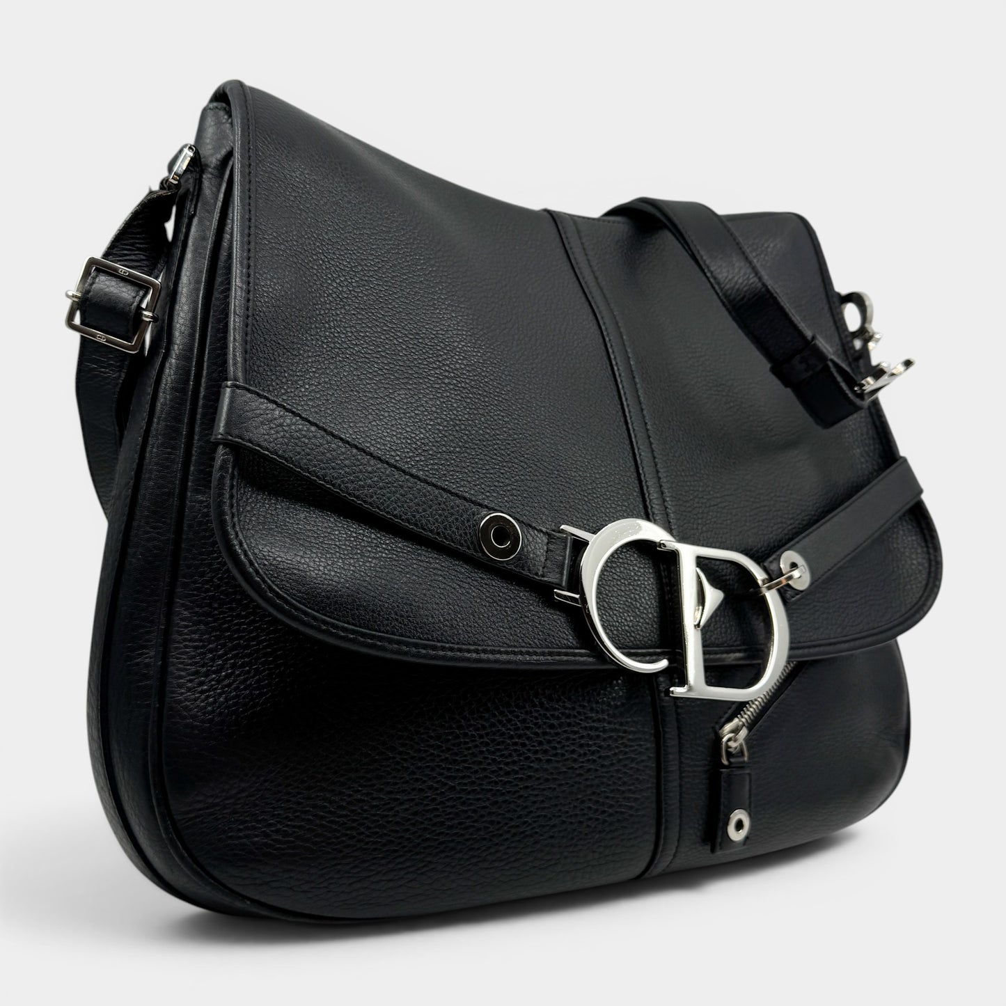 Christian Dior CD Black Leather Messenger Crossbody Bag