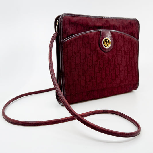 Dior Burgundy Red Trotter Monogram Jacquard Leather Trim Crossbody Bag [Vintage]