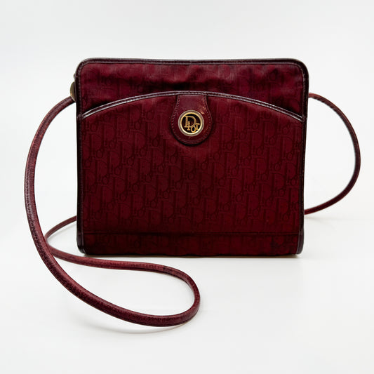 Dior Burgundy Red Trotter Monogram Jacquard Leather Trim Crossbody Bag [Vintage]
