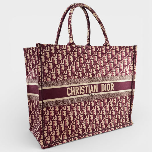Christian Dior Burgundy Cream Oblique Embroidery Large Book Tote Bag [42 cm]