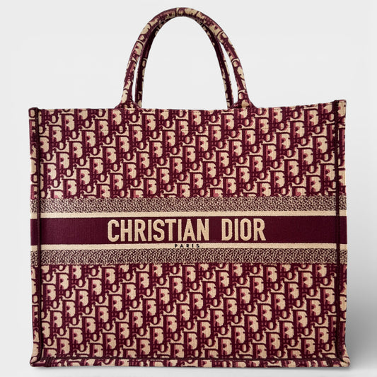 Christian Dior Burgundy Cream Oblique Embroidery Large Book Tote Bag [42 cm]