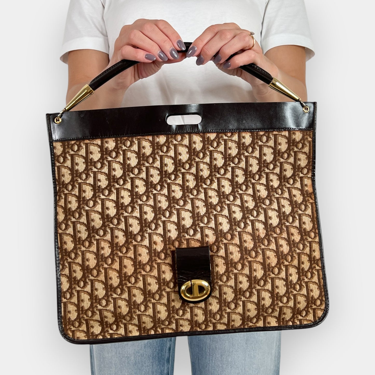 Christian Dior Vintage Jacquard Trotter Canvas & Leather Fold Over Clutch Bag