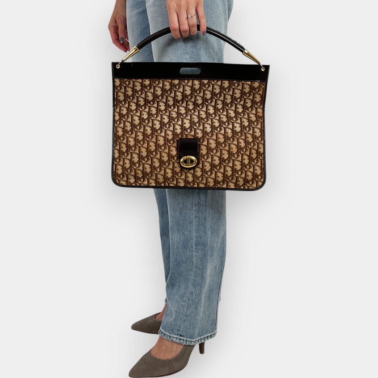 Christian Dior Vintage Jacquard Trotter Canvas & Leather Fold Over Clutch Bag