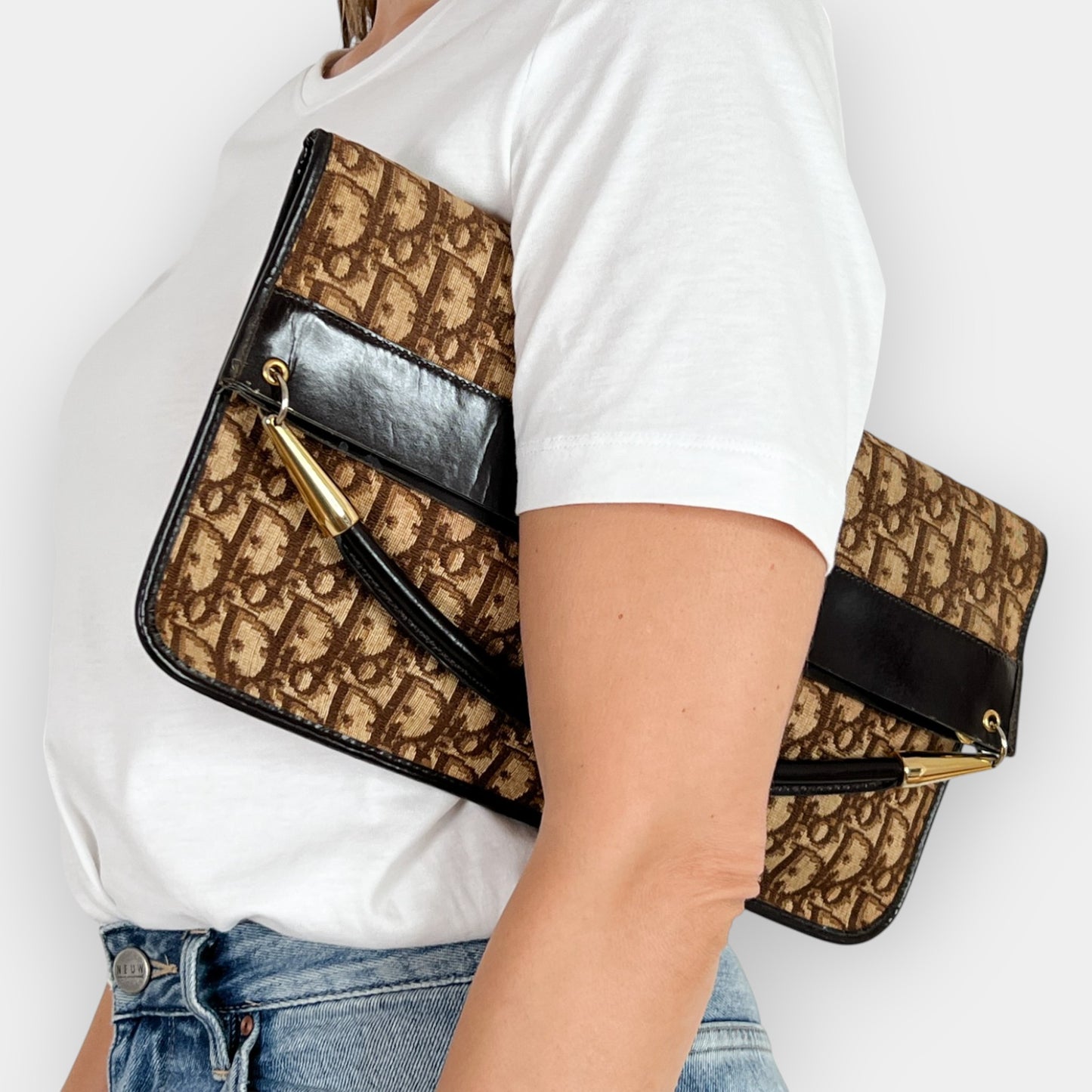 Christian Dior Vintage Jacquard Trotter Canvas & Leather Fold Over Clutch Bag