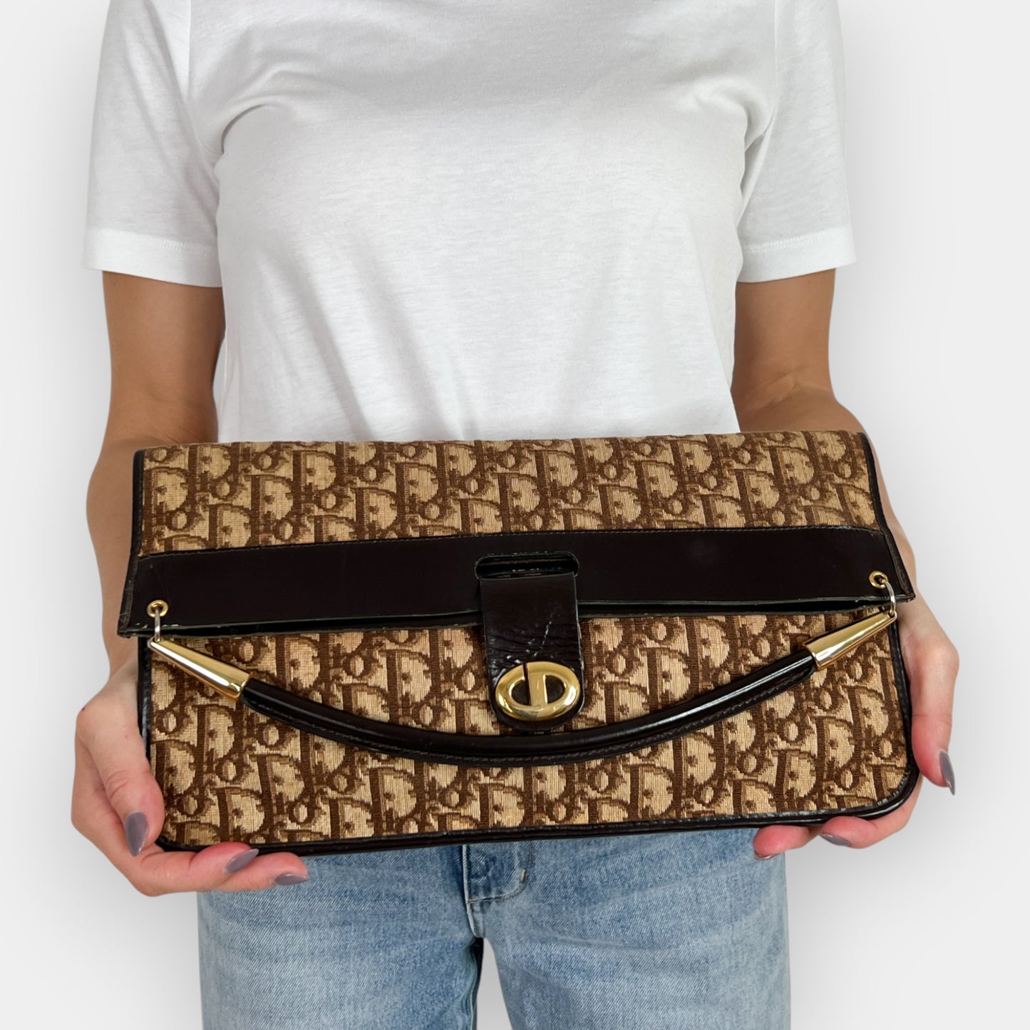 Christian Dior Vintage Jacquard Trotter Canvas & Leather Fold Over Clutch Bag