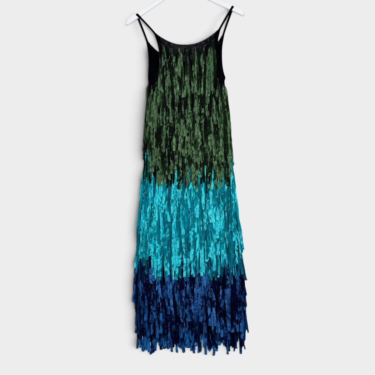 Dries van Noten Blue Green Teal Ombré Ribbon Fringe Midi Dress Small ~ AU8-10