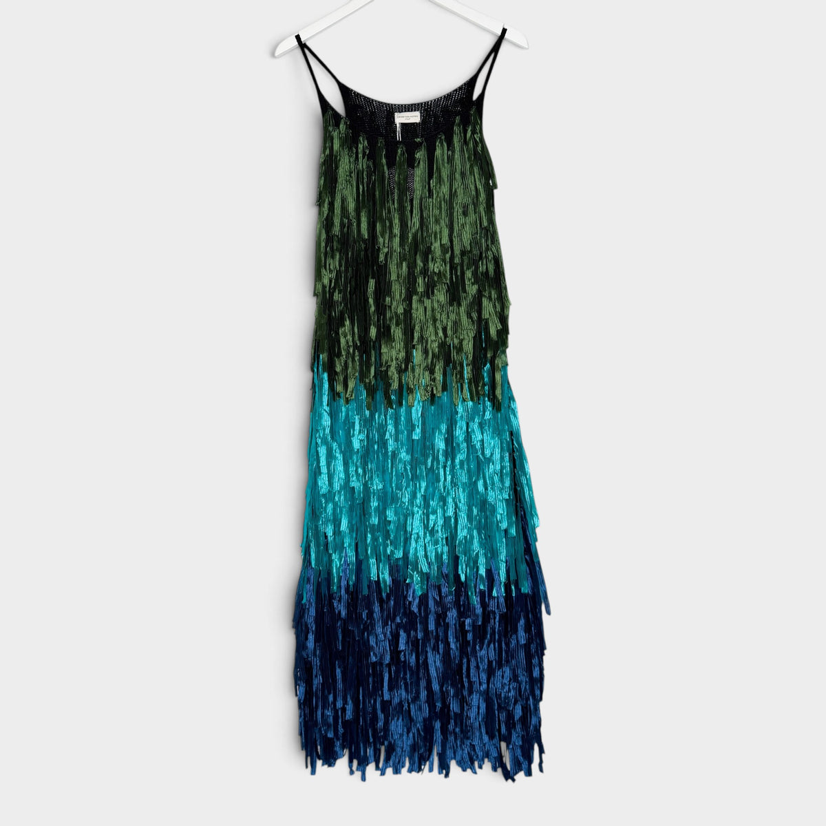 Dries van Noten Blue Green Teal Ombré Ribbon Fringe Midi Dress Small ~ AU8-10
