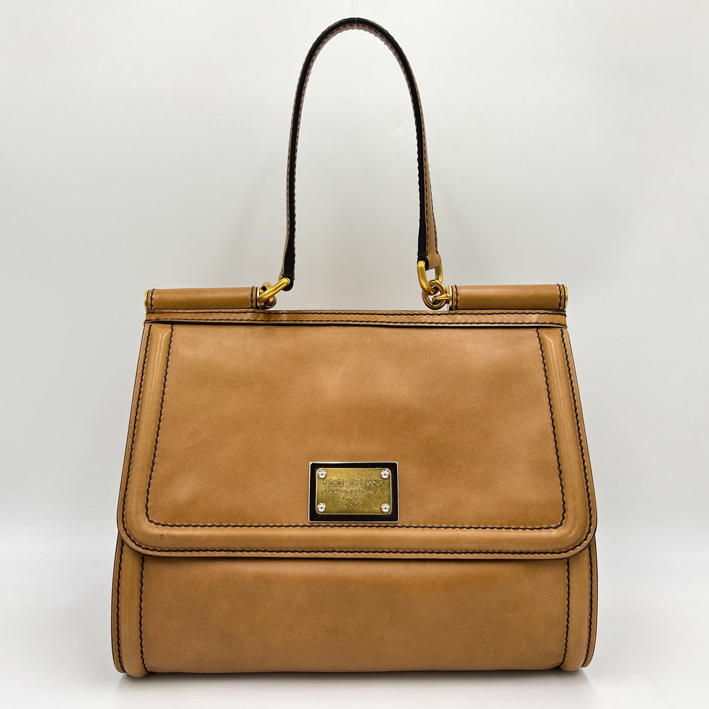 Dolce & Gabanna Caramel Tan Leather Miss Sicily Top Handle Handbag