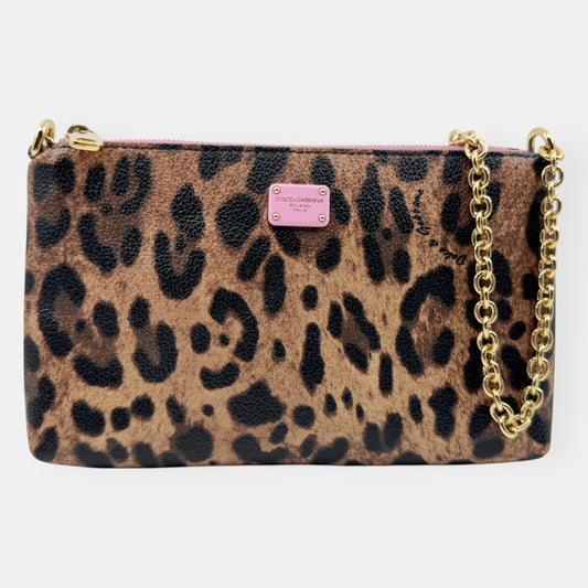 Dolce & Gabbana Leo Naturale Pink Leopard Print Chain Strap Small Shoulder Bag