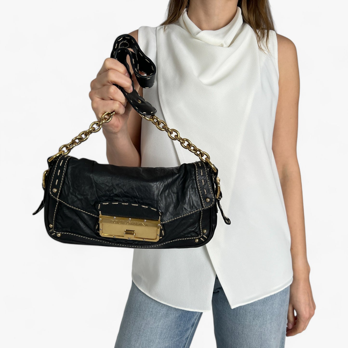 Dolce & Gabbana Black Textured Leather Top Stitched Shoulder Bag
