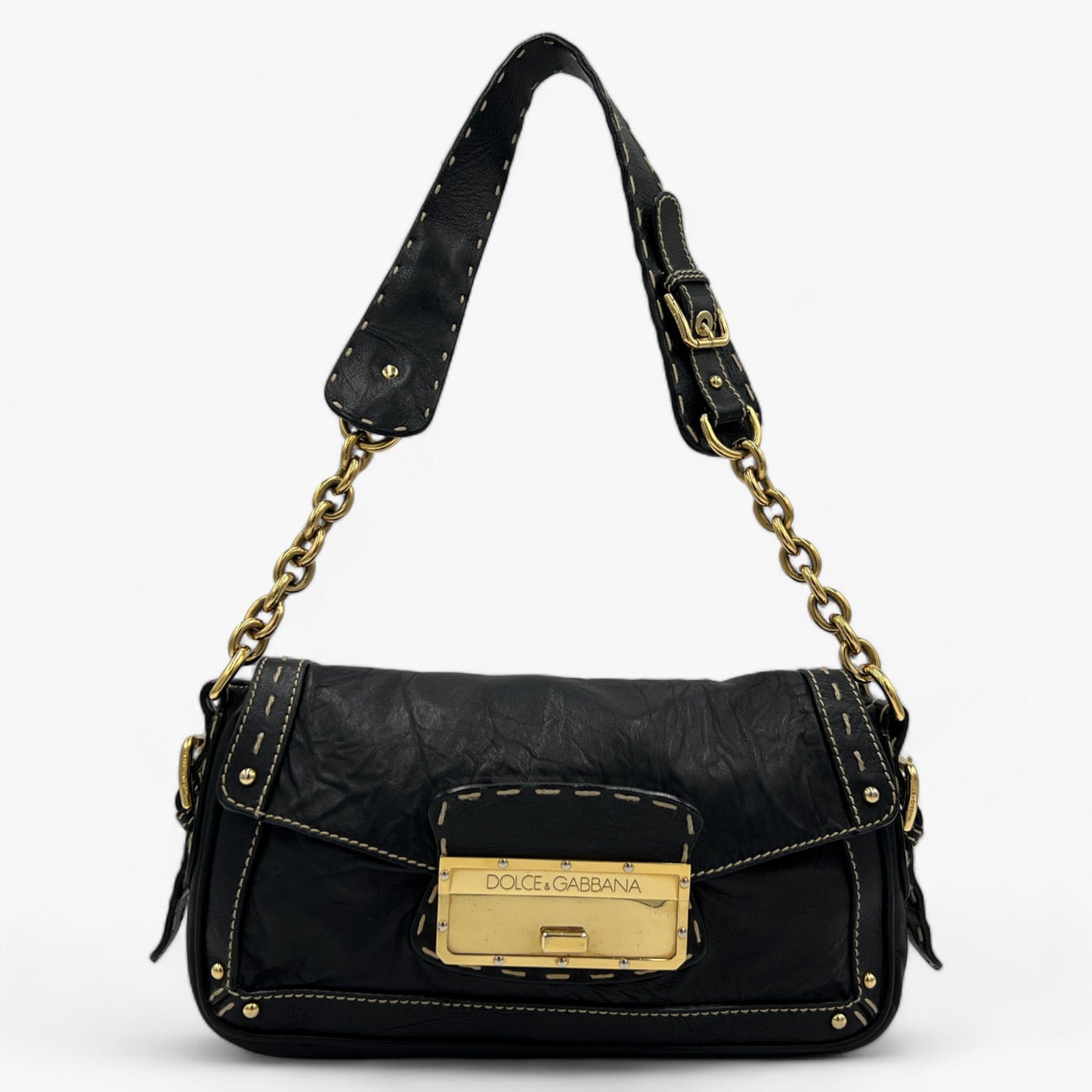 Dolce & Gabbana Black Textured Leather Top Stitched Shoulder Bag