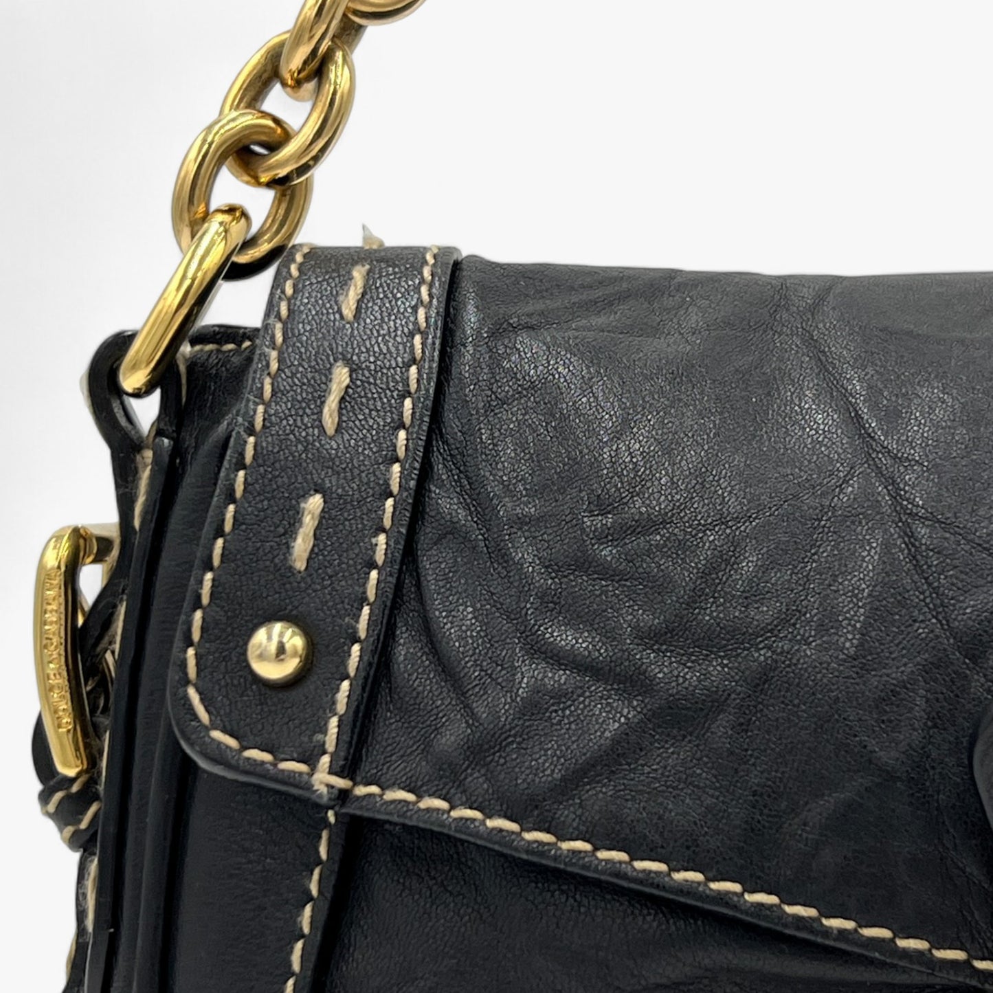 Dolce & Gabbana Black Textured Leather Top Stitched Shoulder Bag