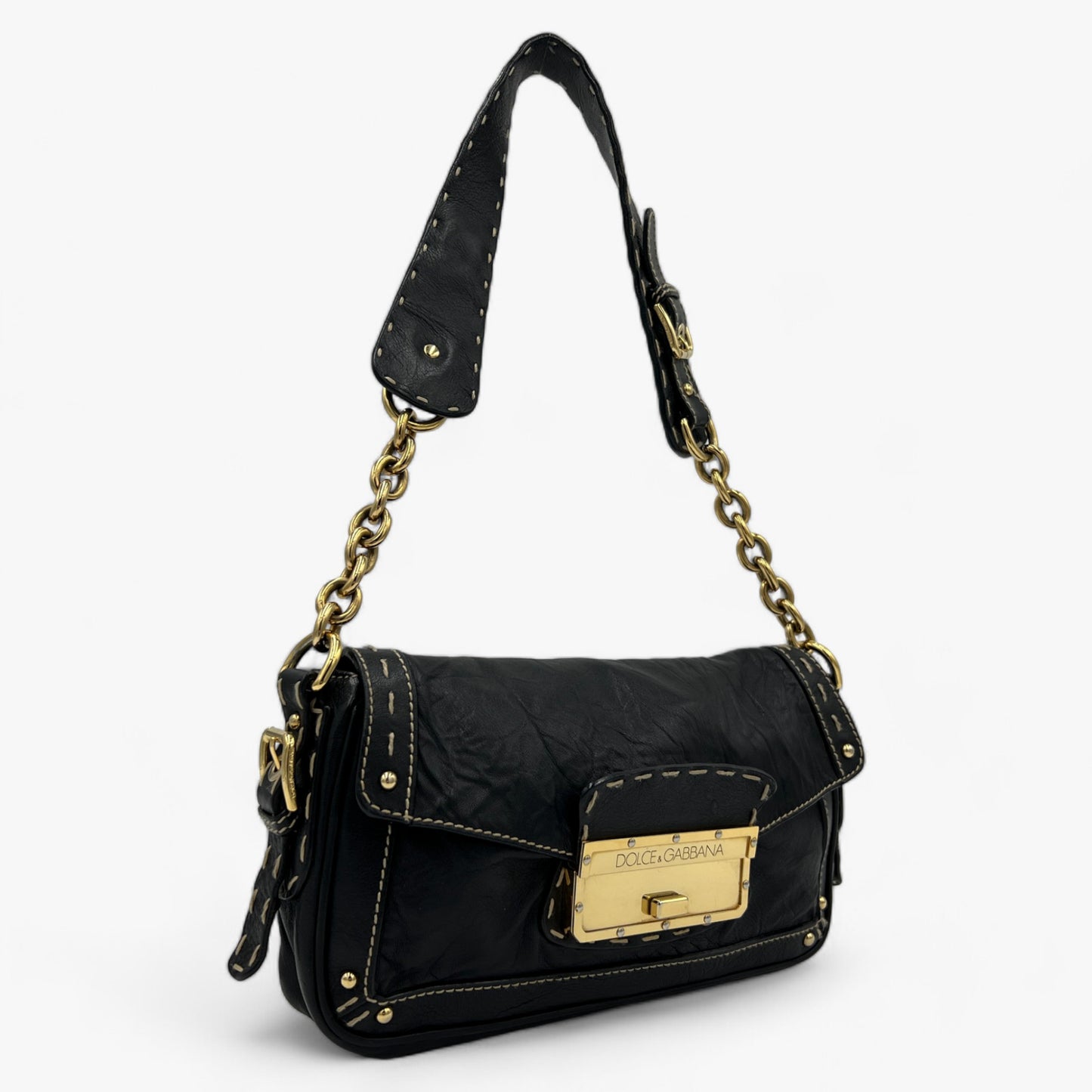 Dolce & Gabbana Black Textured Leather Top Stitched Shoulder Bag