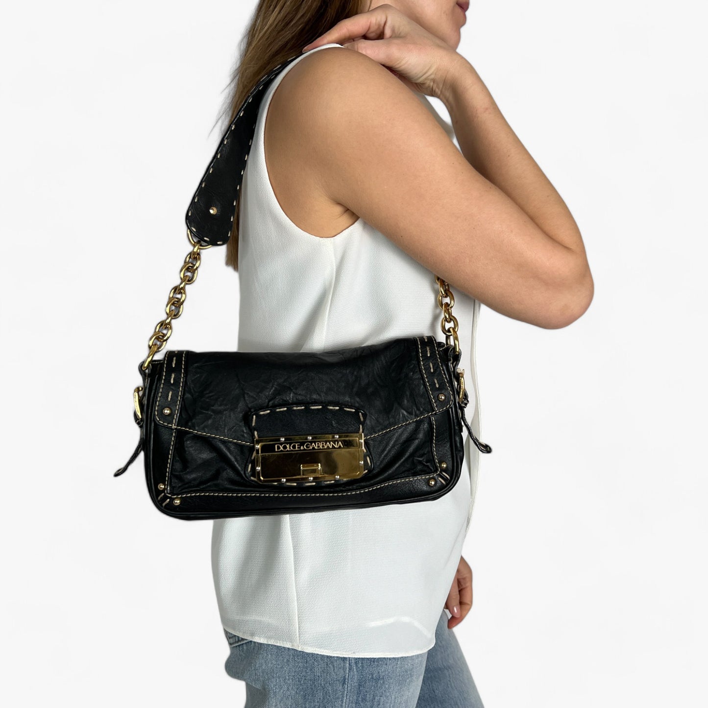 Dolce & Gabbana Black Textured Leather Top Stitched Shoulder Bag