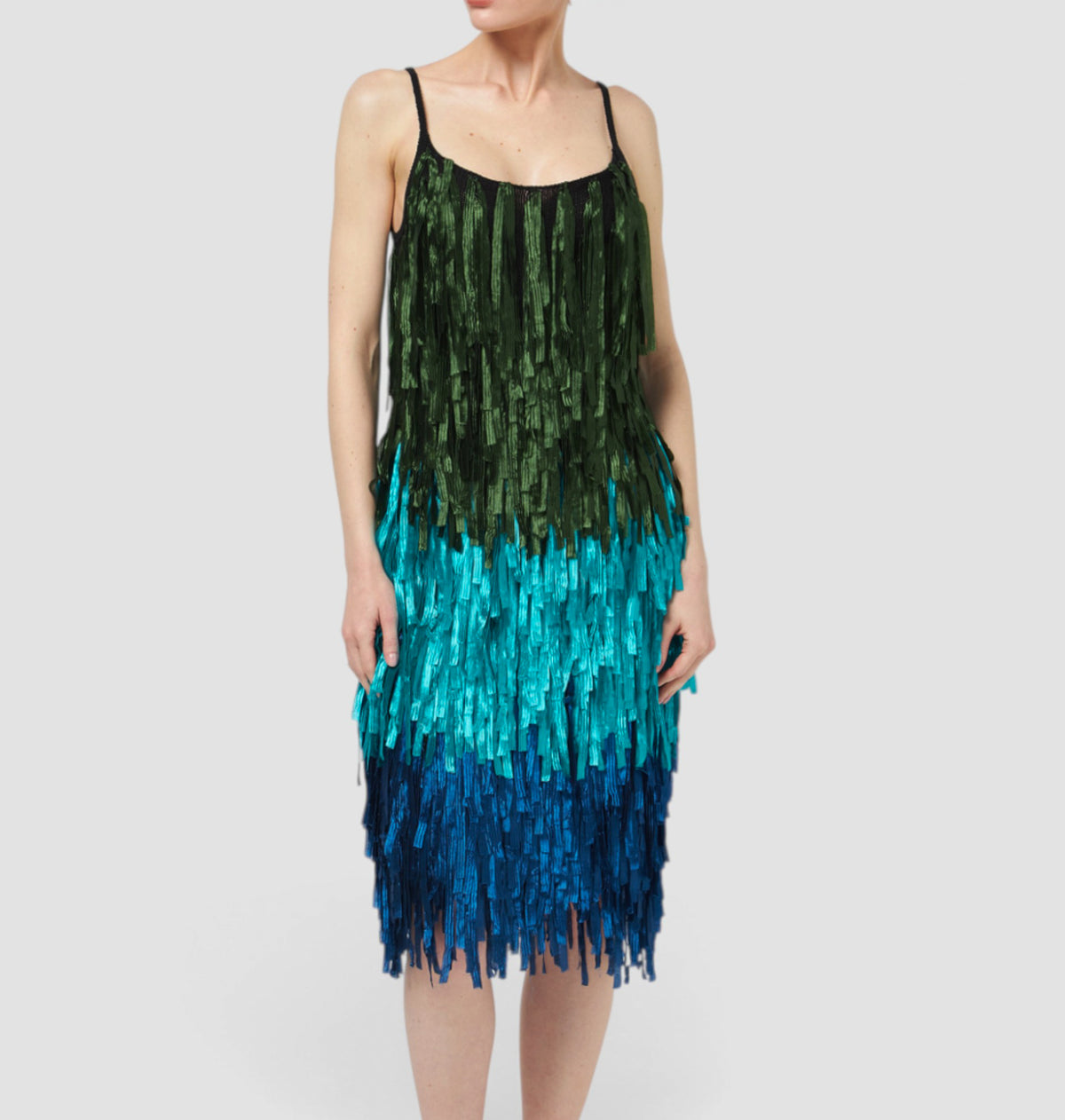 Dries van Noten Blue Green Teal Ombré Ribbon Fringe Midi Dress Small ~ AU8-10