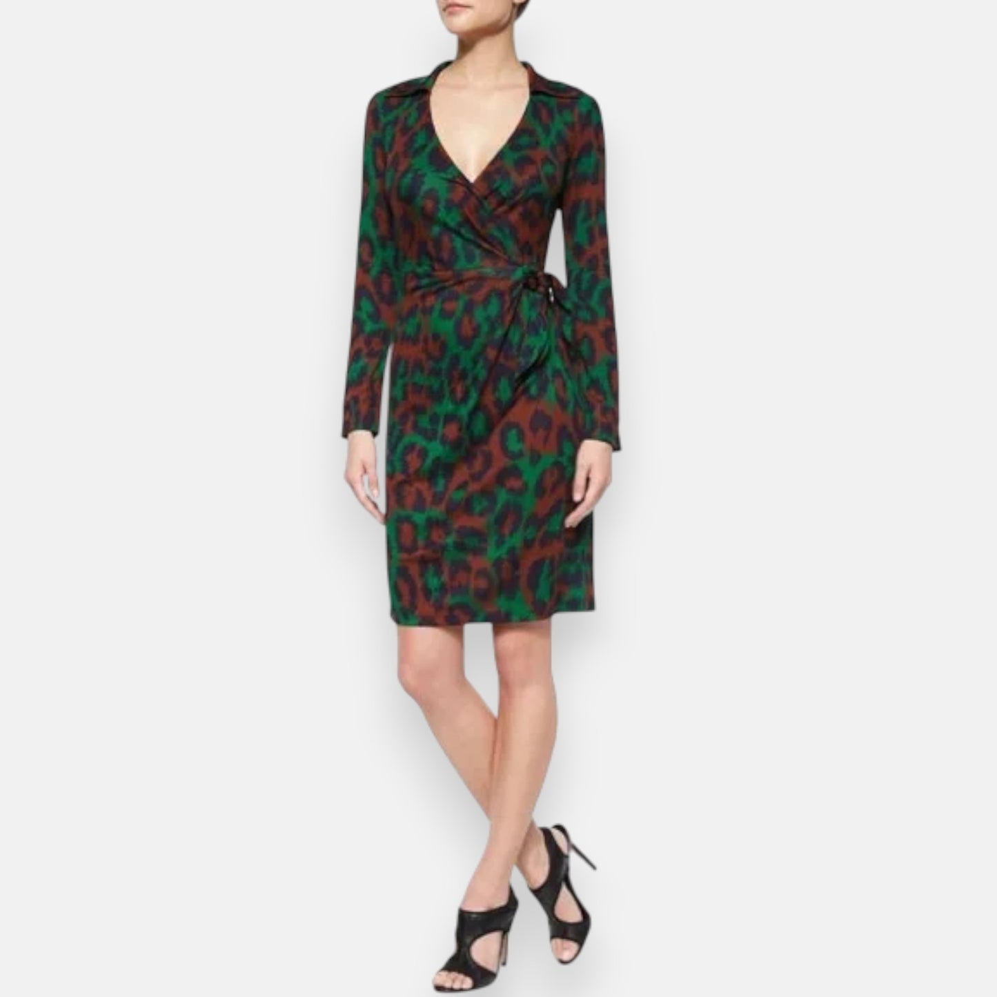 Diane Von Furstenberg Green Blue Brown 100% Silk Waist Tie Dress AU8