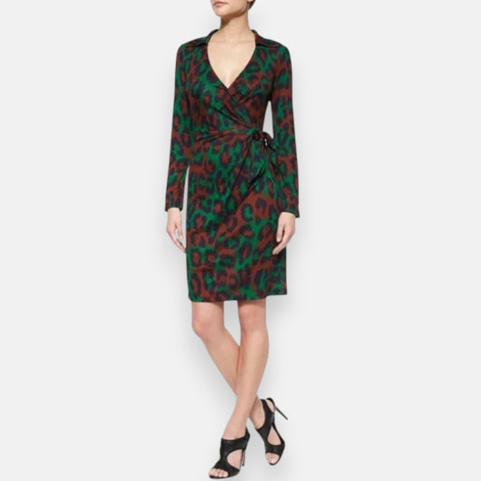 Diane Von Furstenberg Green Blue Brown 100% Silk Waist Tie Dress AU8