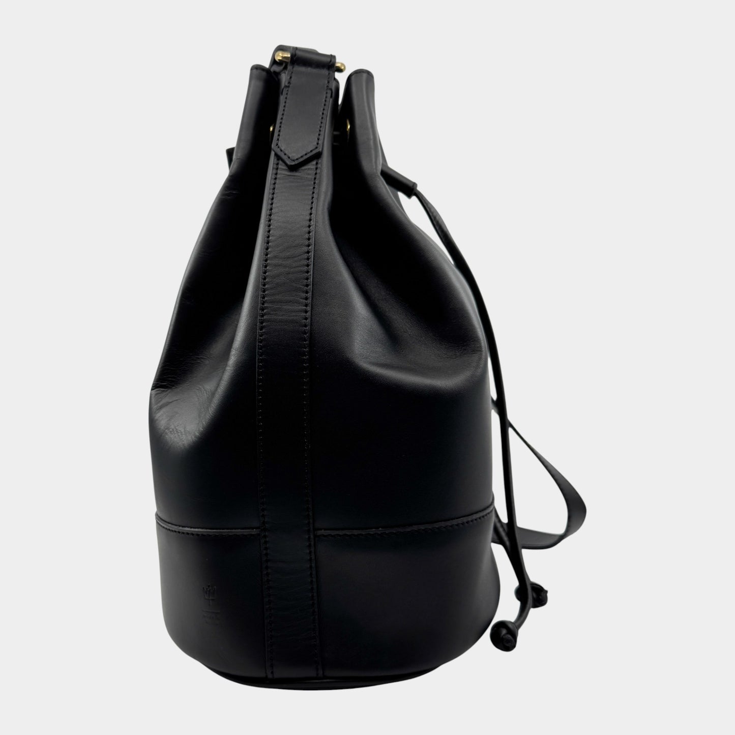 Edward Gilbert Black Leather Drawstring Bucket Shoulder Bag